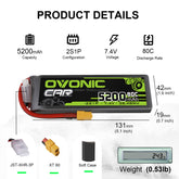 2 × OVONIC 2S Lipo-Akku 5200 mAh 80 C 7,4 V RC Lipo-Akku HardCase mit XT60-Stecker für 1/8 1/10 RC-Fahrzeuge Auto Slash RC Buggy Truggy RC-Flugzeug